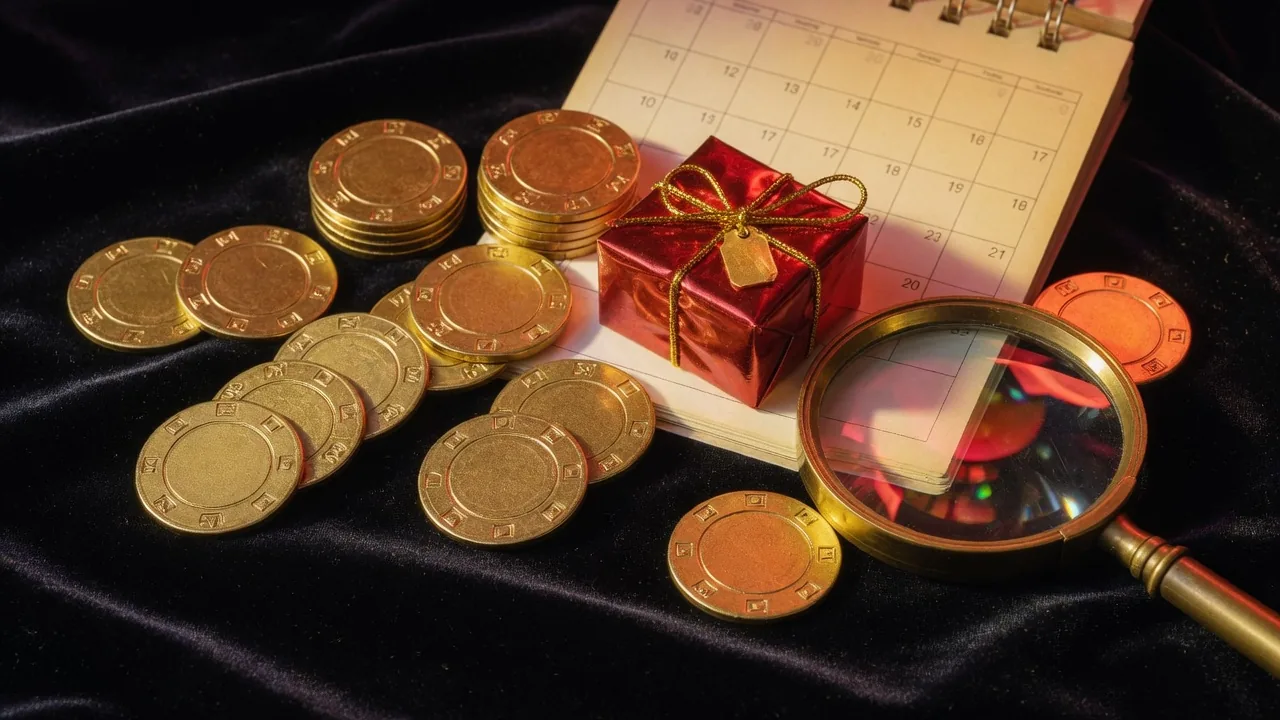 Fichas, caja de regalo y lupa sobre terciopelo negro
