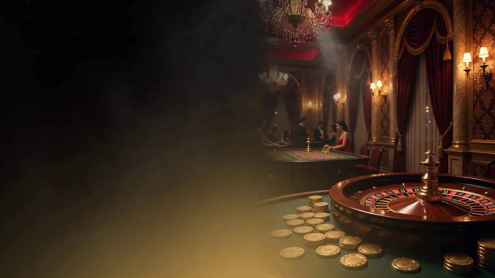 Salón de casino oscuro con ruleta dorada a la derecha