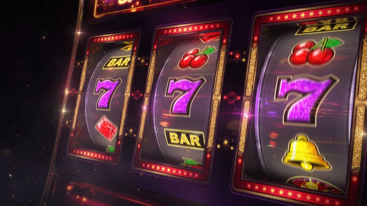 Primer plano de rodillos de video slot con luces doradas